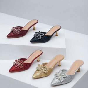 Pointed-toe glitter slingback kitten heels