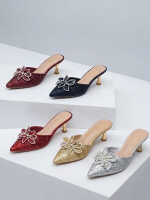 Pointed-toe glitter slingback kitten heels